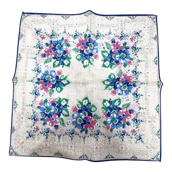 Vintage New Old Stock Blue Red Floral Handkerchiefs Lot 3 Elegant Nostalgia Set - Picture 6 of 8